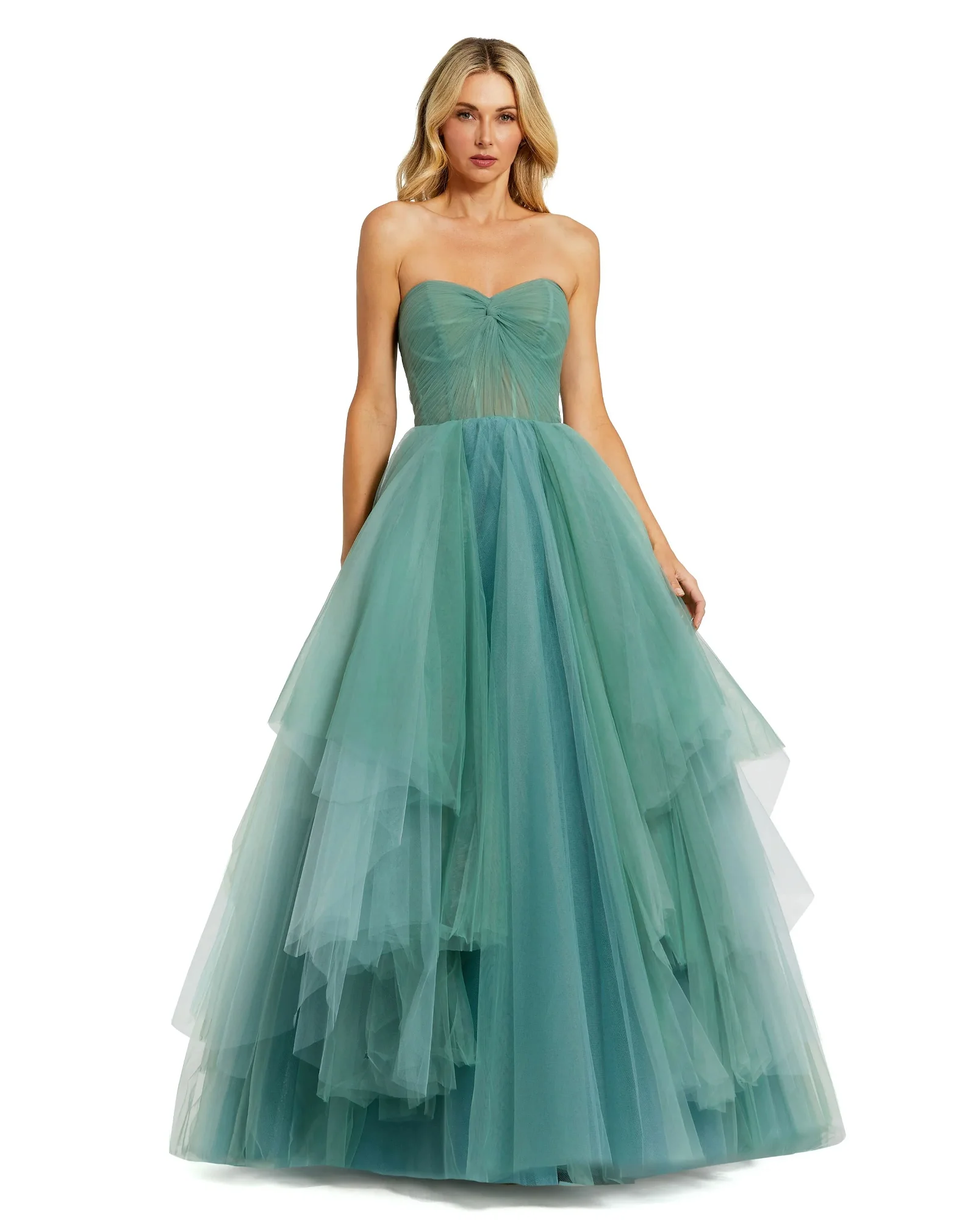 Image of Strapless Bustier Twist Top Ruffle Ballgown