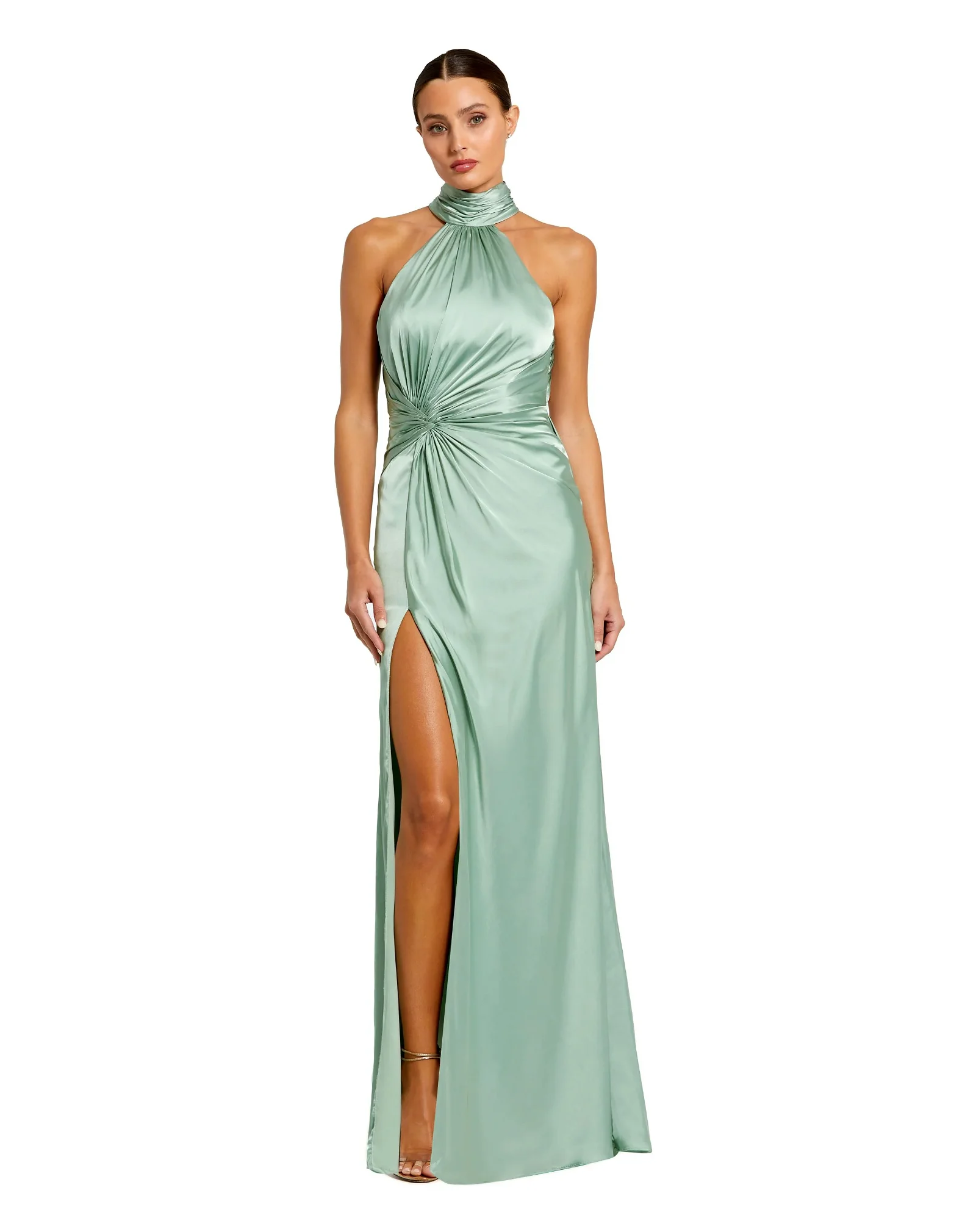 Image of Open Back High Neck Side Ruched Gown