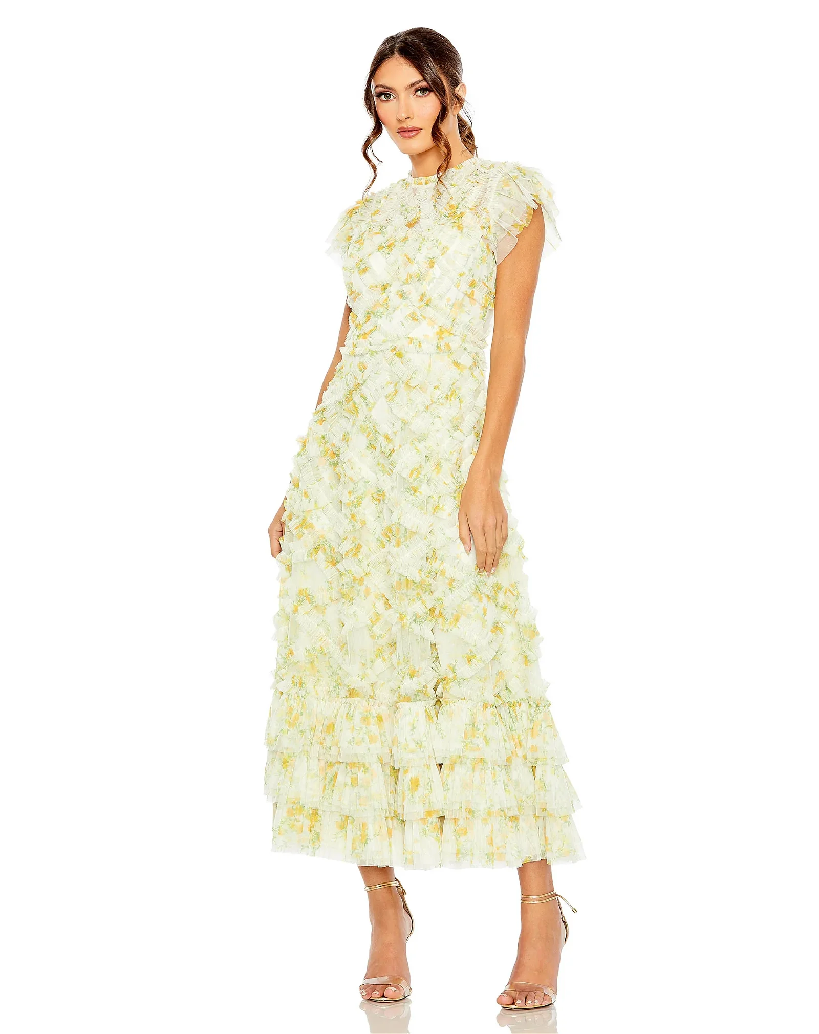 Image of High Neck Ruffle Cap Sleeve Floral Dress