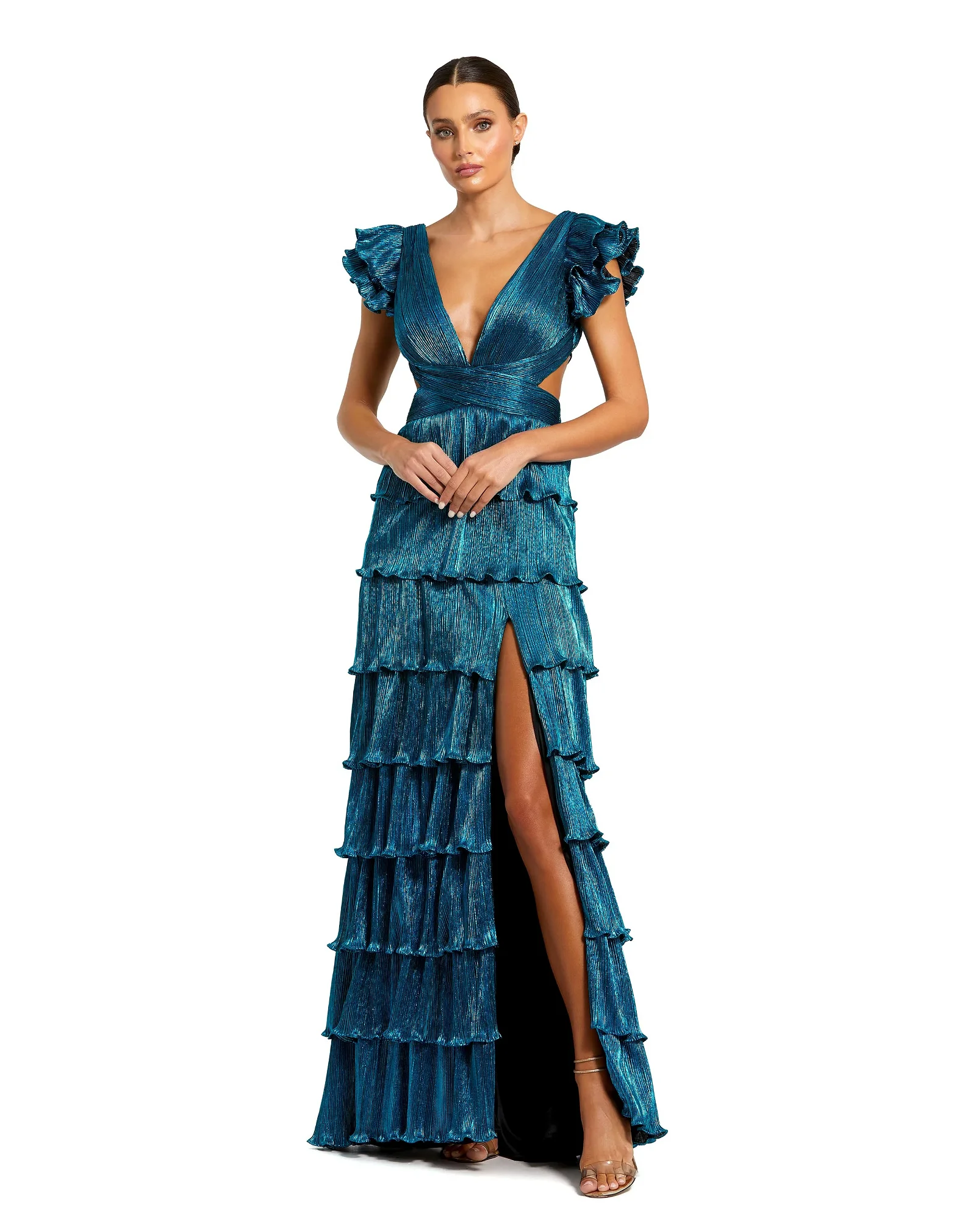 Image of Ruffle Tiered Criss Cross Lace Up Gown