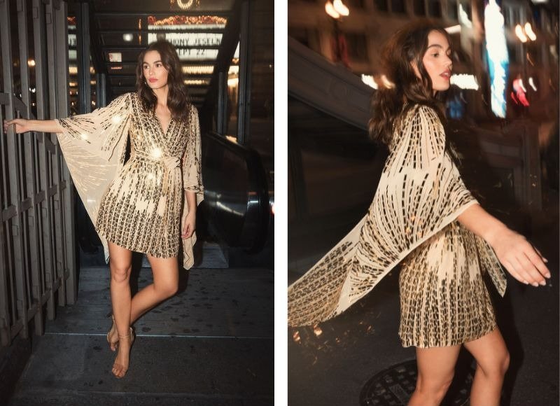 CAPE BACK GEOMETRIC SEQUIN ROBE DRESS