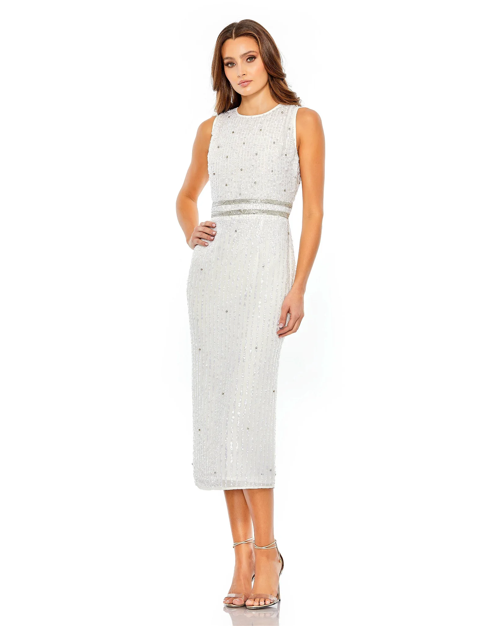 Image of Sleeveless High Neck Beaded Midi Sheath Dress