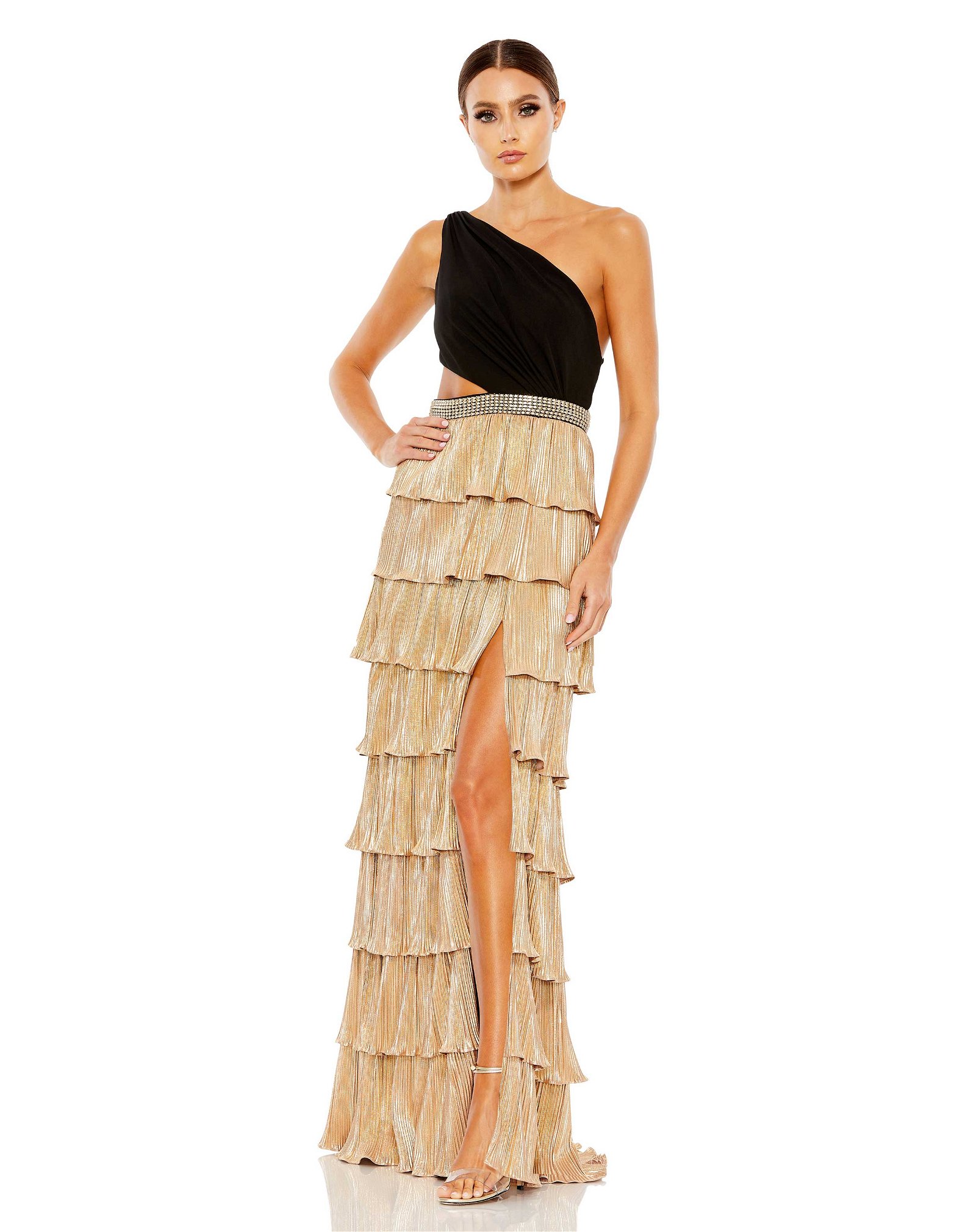 Image of Metallic One Shoulder Ruffle Tiered Gown