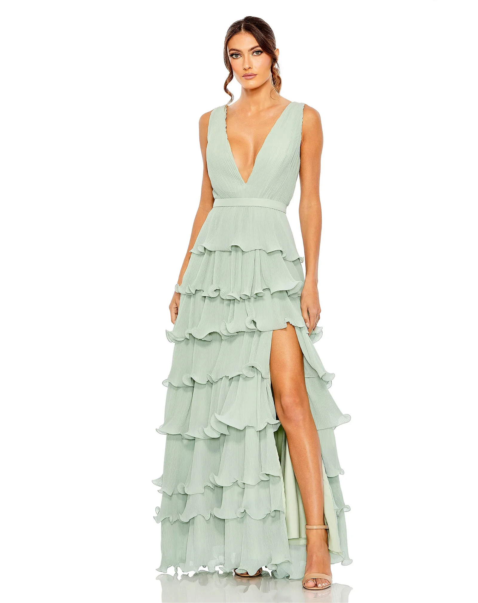 Image of Sleeveless Ruffle Tiered V Neck Gown