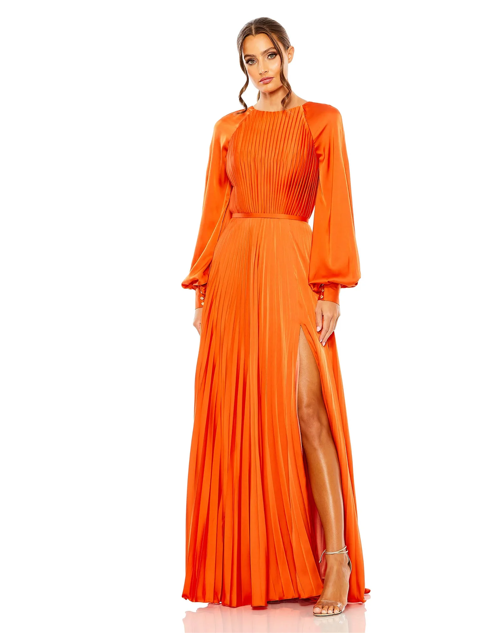 Image of Pleated High Neck Raglan Long Sleeve Side Slit Gown