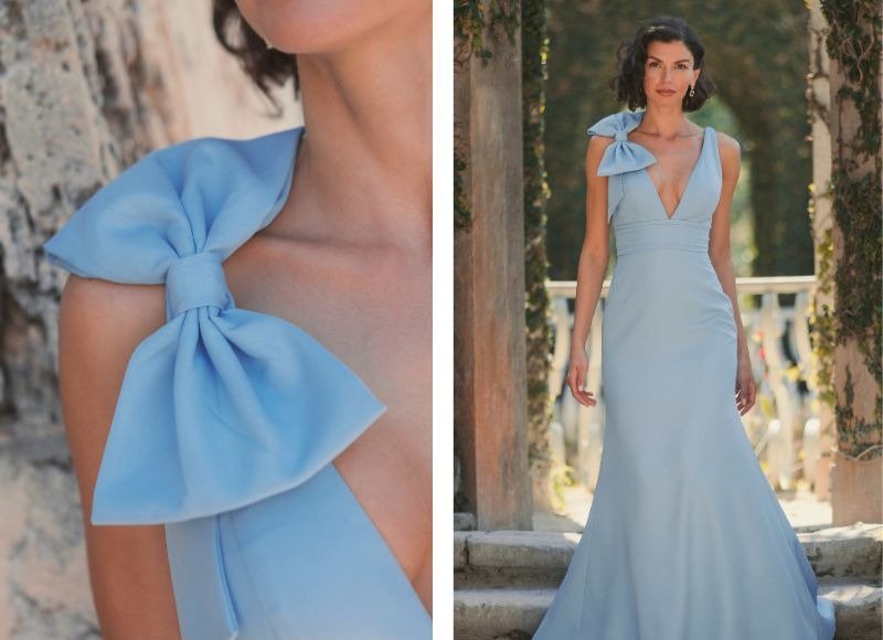 SLEEVELESS V NECK BOW SHOULDER MERMAID GOWN