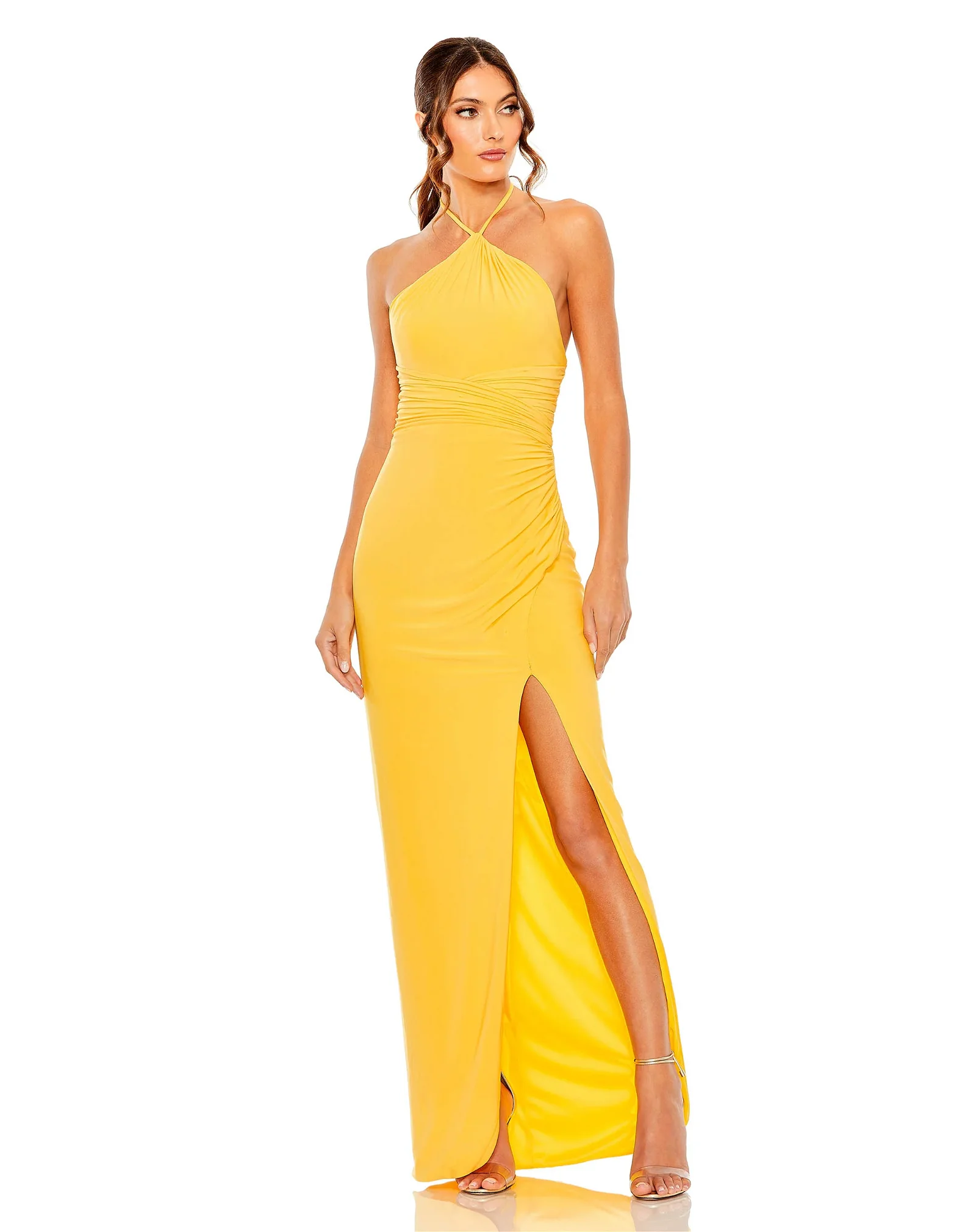 Image of Halter Neck Ruched Side Front Slit Gown