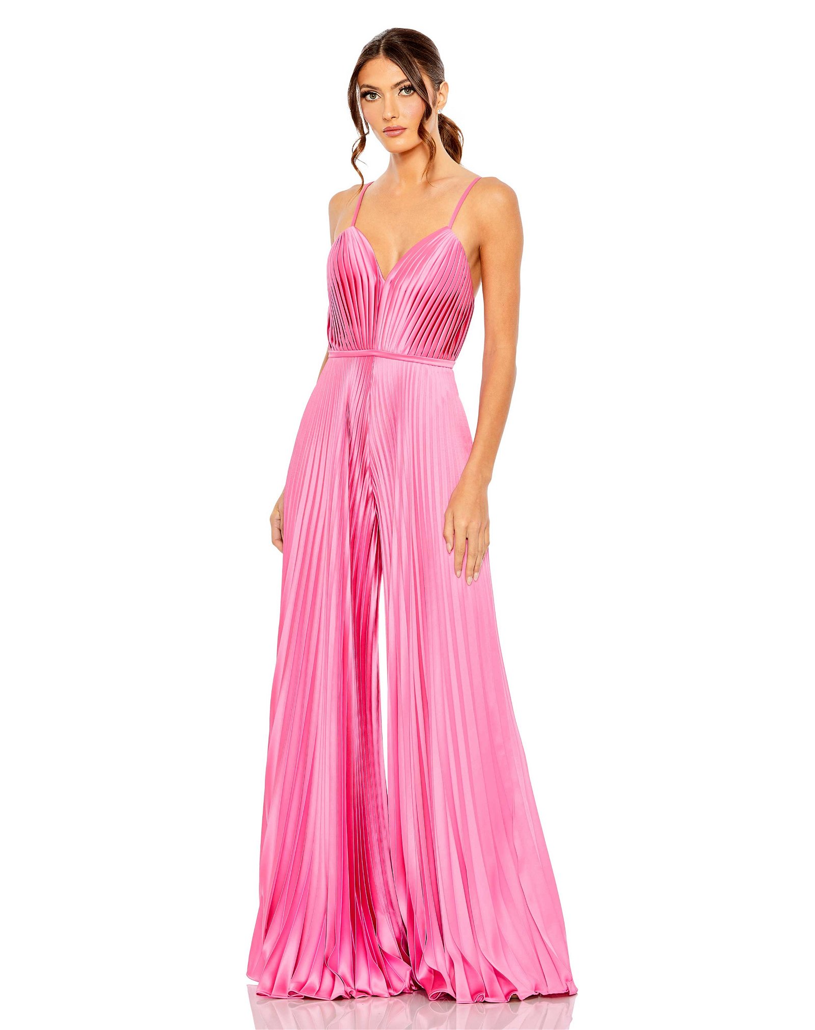 Image of Pleated Plunge Neck Wide Leg Jumpsuit