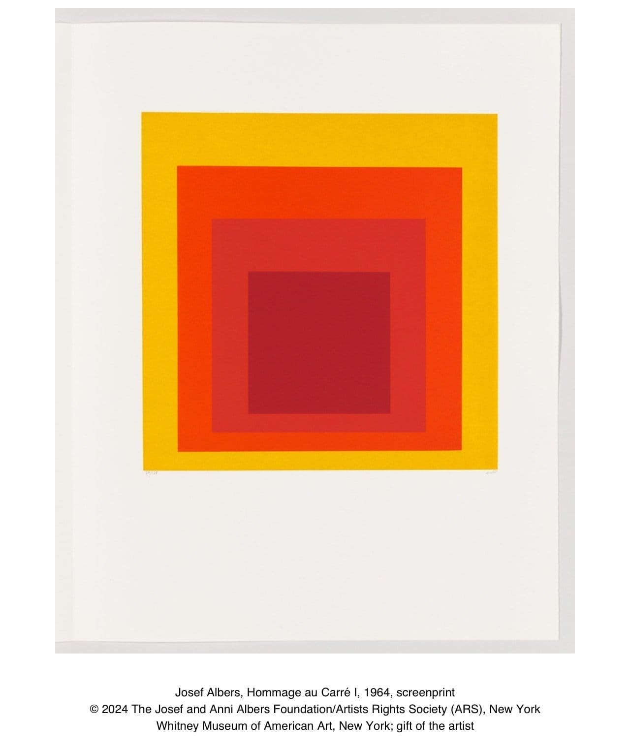 Pictured: Work by Josef Albers, Hommage au Carre I, 1964, screenprint. Copyright: The Josef and anni Albers Foundation/Artists Rights Society (ARS), New York On view at: Whitney Museum of American Art, New York; gift of the artist.