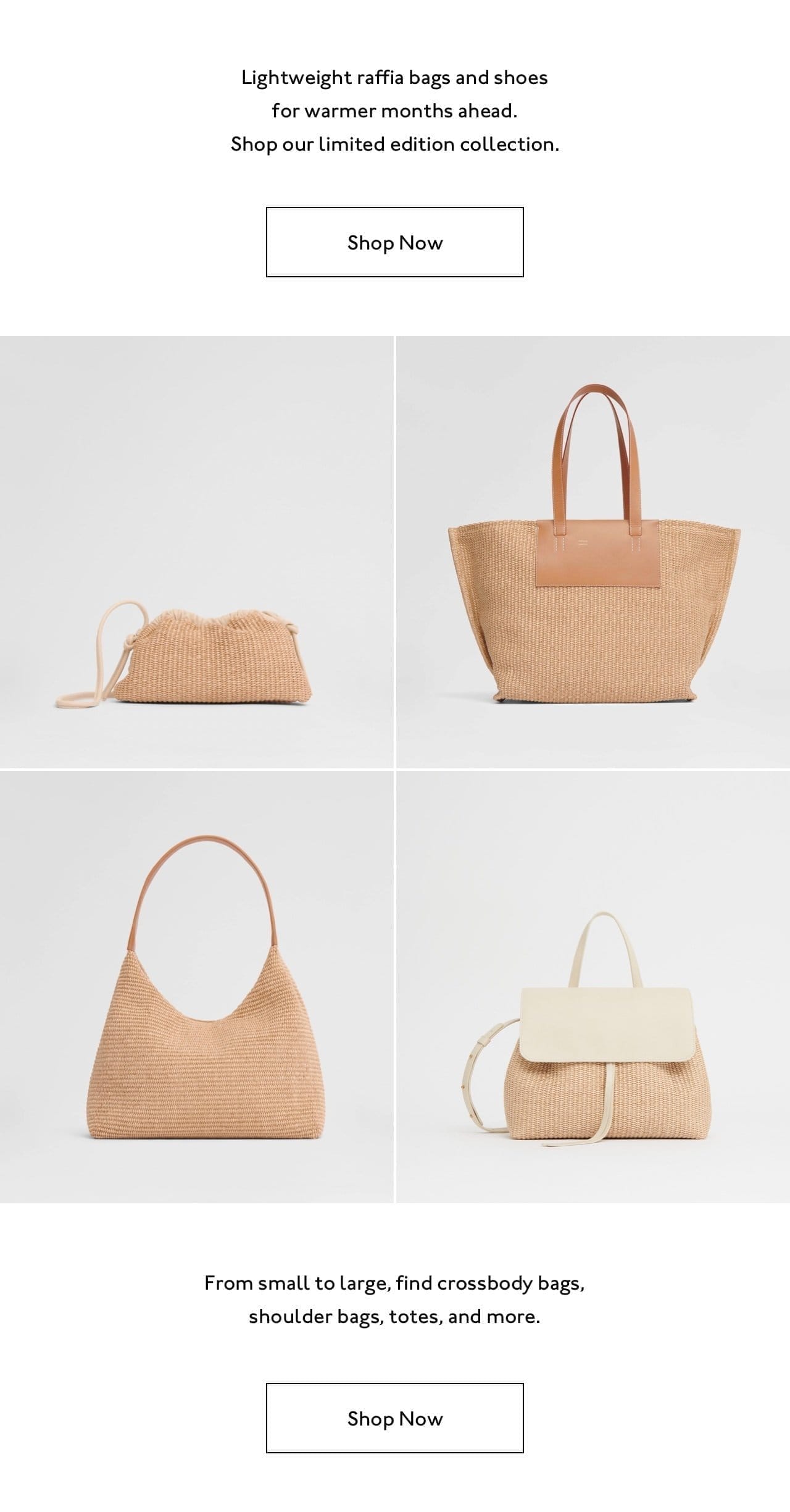 Lightweight raffia bags and shoes for warmer months ahead. Shop our limited edition collection.