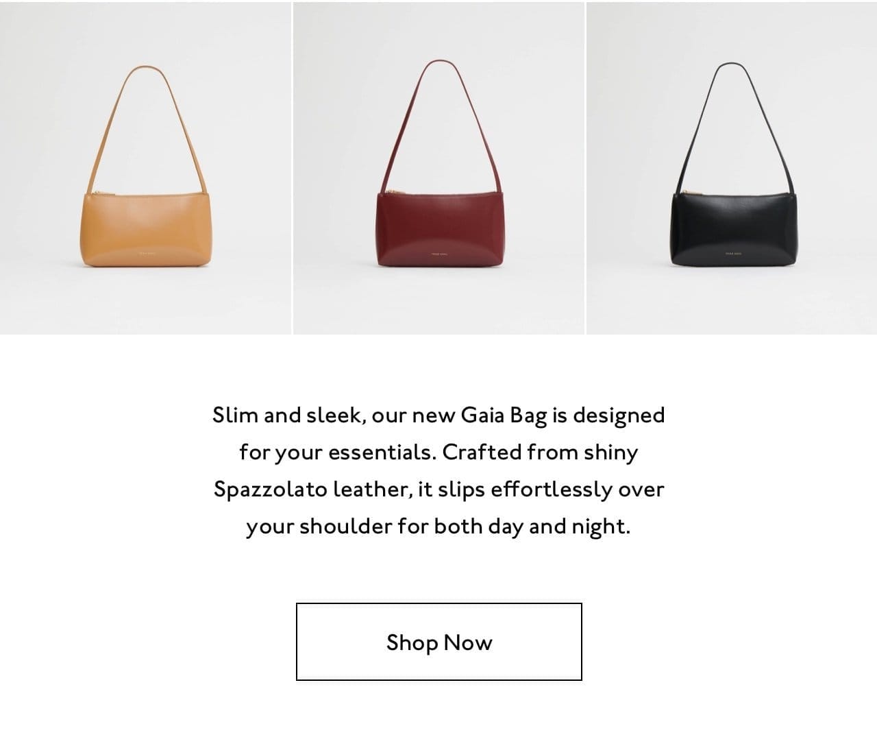 Slim and sleek, our new Gaia Bag is designed for your essentials. Crafted from shiny Spazzolato leather, it slips effortlessly over your shoulder for both day and night. Shop now.