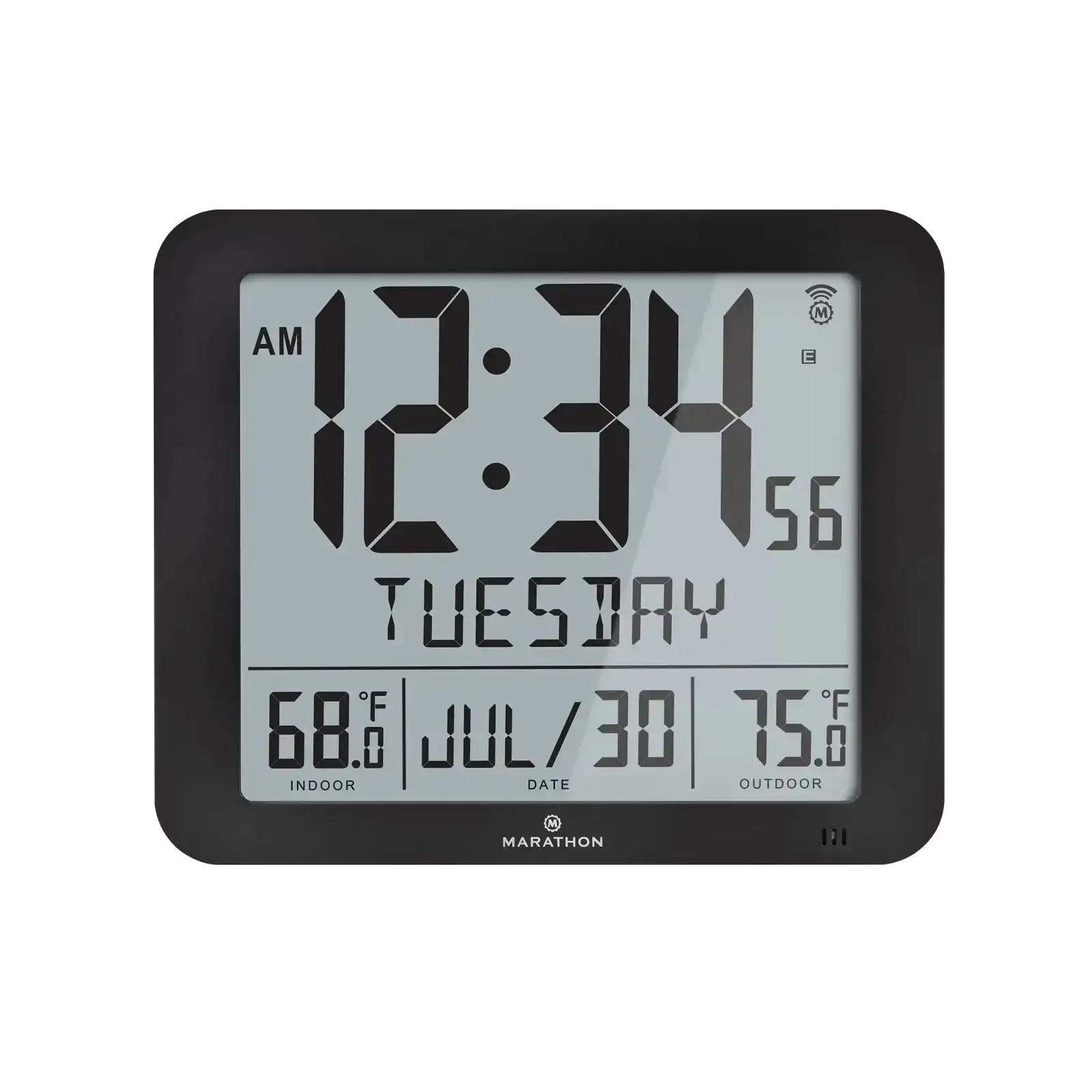 Image of Slim Atomic Full Calendar Wall Clock with Indoor/Outdoor Temperature