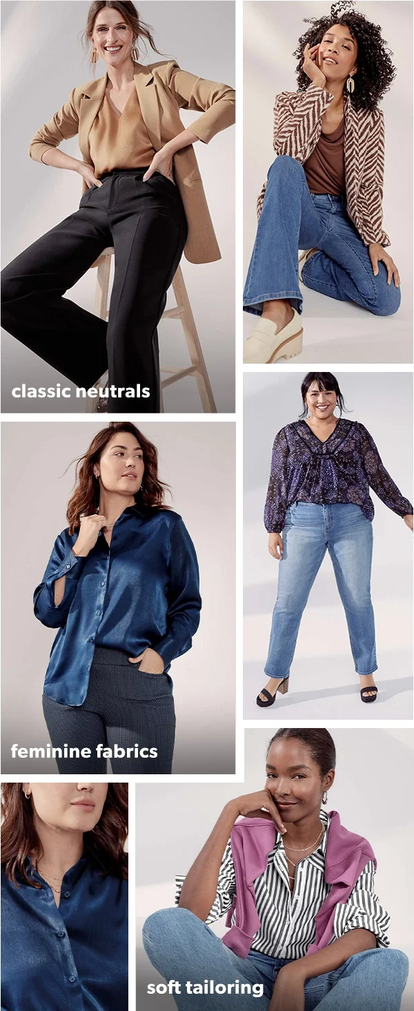 Classic neutrals. Feminine fabrics. Soft tailoring. Models wearing maurices clothing.