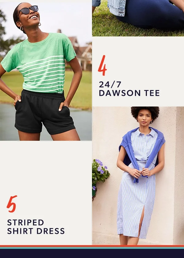 3. Cropped court polo. 4. 24/7 Dawson tee. 5. Striped shirt dress.