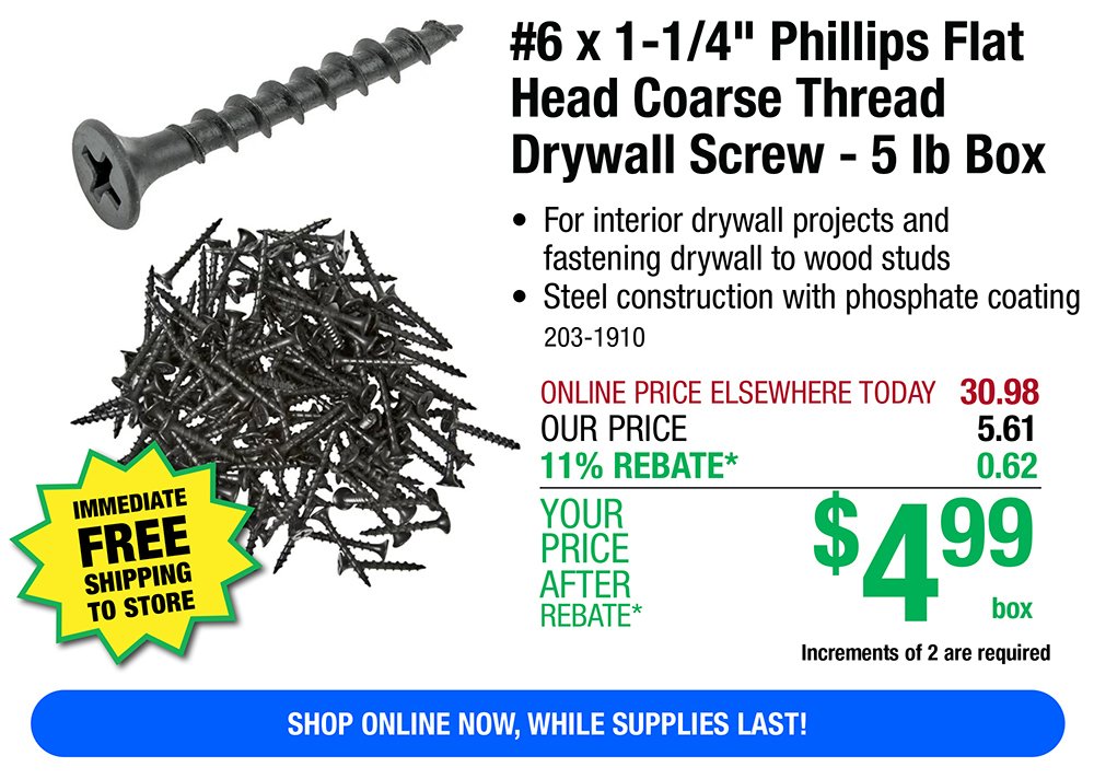 #6 x 1-1/4" Phillips Flat Head Coarse Thread Drywall Screw - 5 lb Box