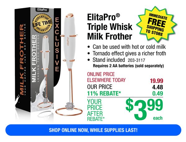 ElitaPro® Triple Whisk Milk Frother-ONLY \\$3.99 After Rebate*!