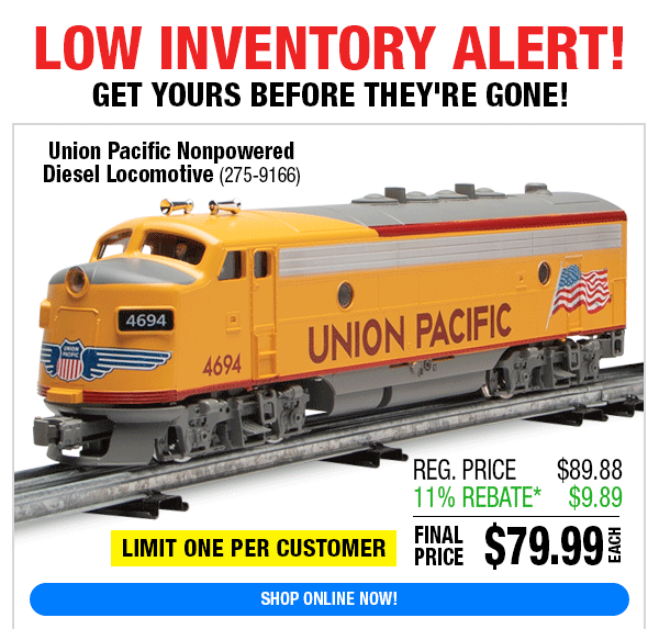 Low Inventory Alert! Union Pacific Nonpowered Engine