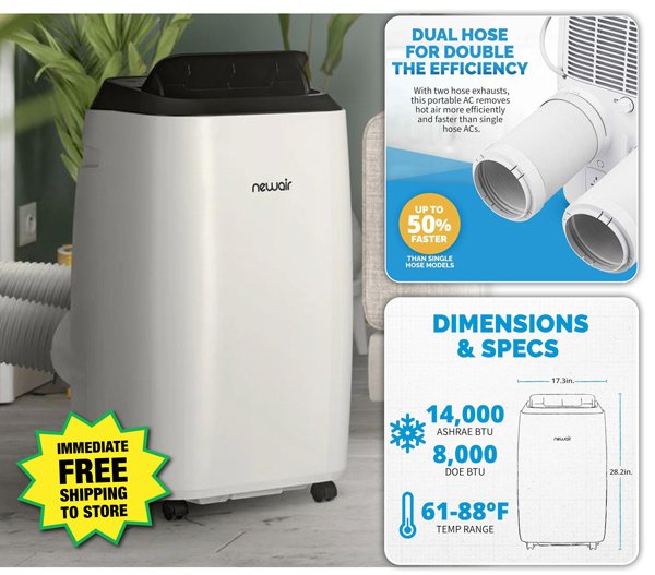 Newair® 14,000 BTU Dual Hose Portable Air Conditioner-Free Shipping to Store!