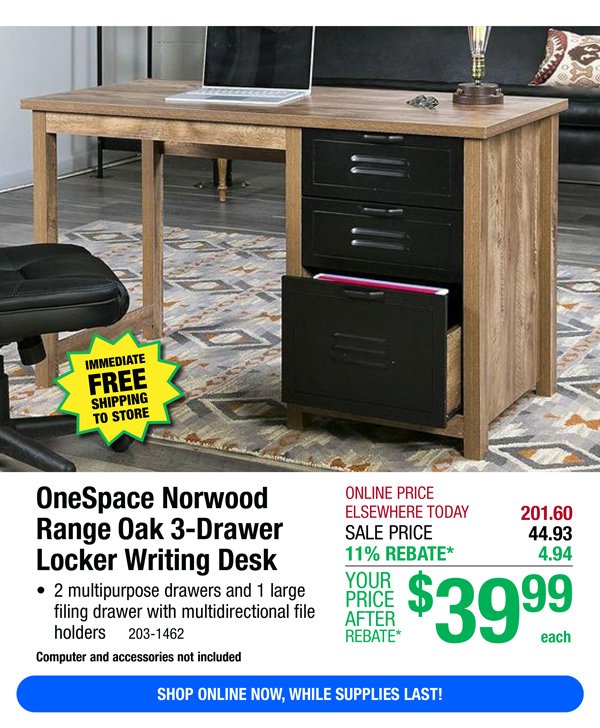 OneSpace Norwood Range Oak 3-Drawer Locker Writing Desk