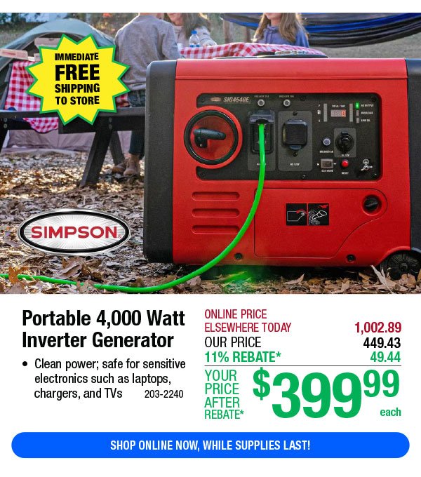 Portable 4,000 Watt Inverter Generator