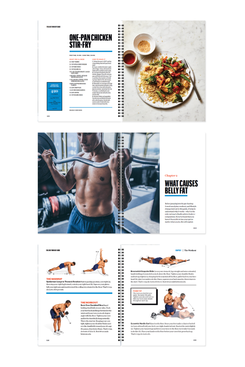 Interior images of the guide showing one-pan chicken stir-fry recipe, article on causes of belly fat and illustration of exercises