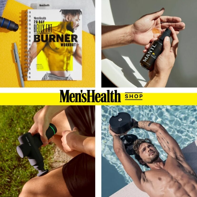 Men's Health Shop products - dumbbells, 28-Day Belly Fat Burner guide, beard oil