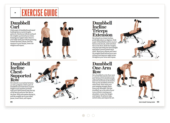Exercise guide showing 4 dumbbell exercises, weekly tracker with space to check off exercises and make notes