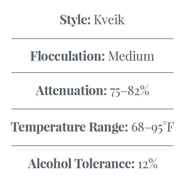 Style: Kveik Flocculation: Medium Attenuation: 75–82% Temperature Range: 68–95°F (20–35°C) Alcohol Tolerance: 12%