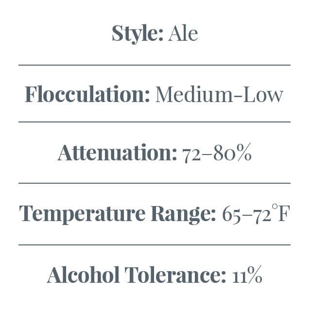 Style: Ale Flocculation: Medium-Low Attenuation: 72–80% Temperature Range: 65–72°F (18–22°C) Alcohol Tolerance: 11%