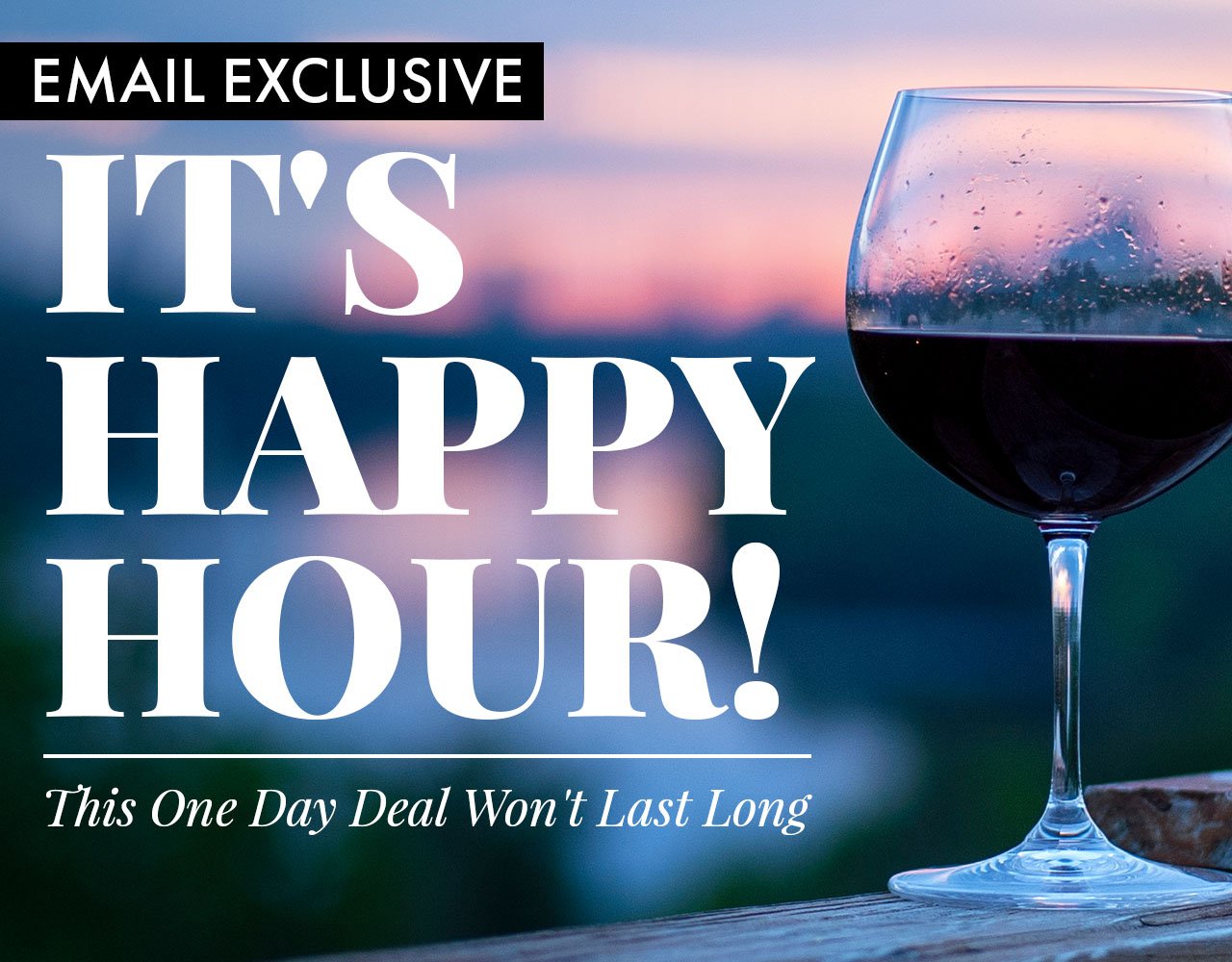 Email Exclusive. It's Happy Hour. This One Day Deal Won't Last Long!