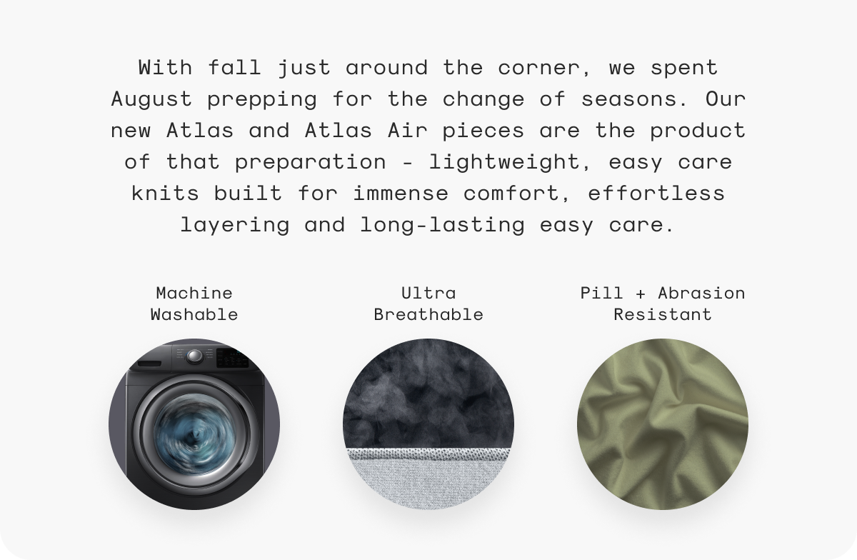 With fall just around the corner, we spent August prepping for the change of seasons. Our new Atlas and Atlas Air pieces are the product of that preparation - lightweight, easy care knits built for immense comfort, effortless layering and long-lasting easy care.