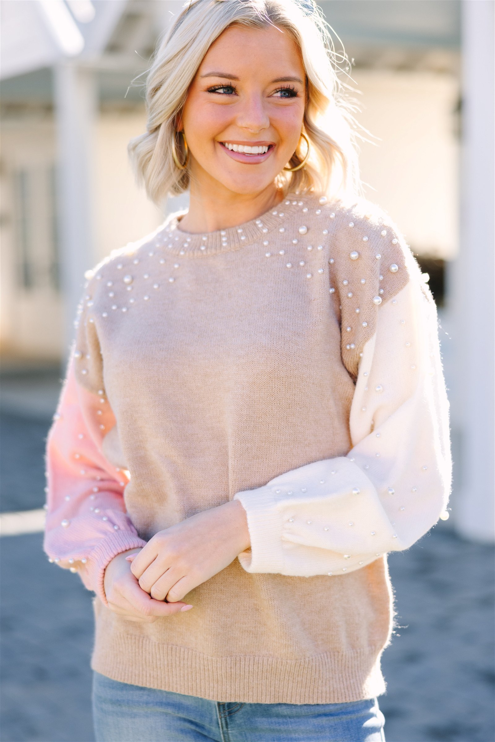 Can't Help But Love Taupe Colorblock Pearl Studded Sweater