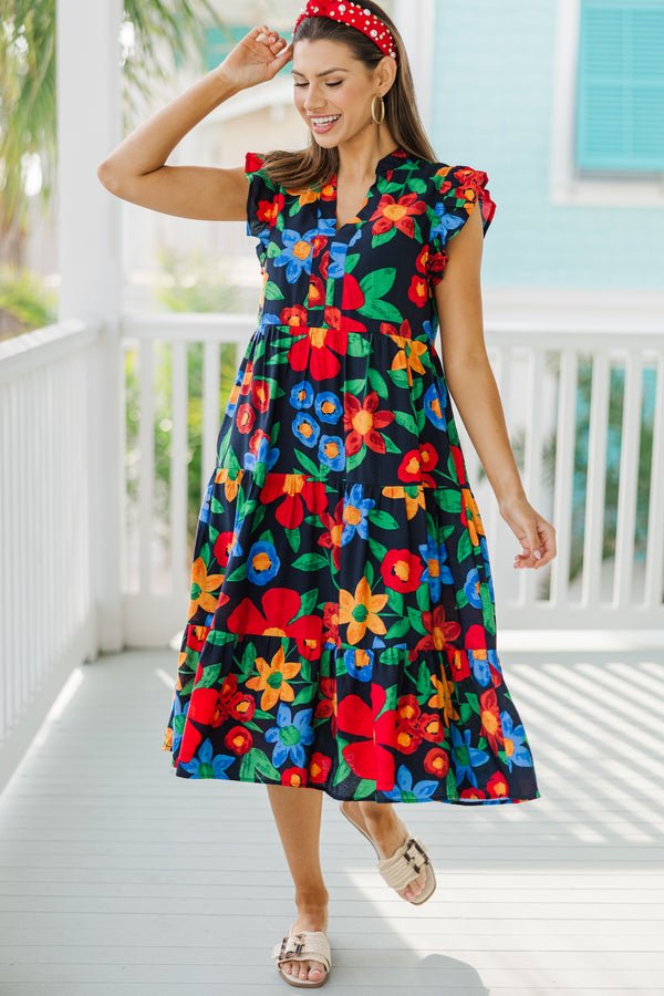 Created Beauty Navy Blue Floral Midi Dress