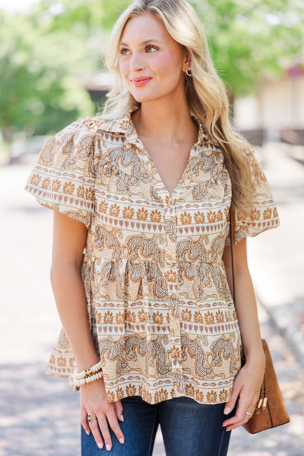 In This Place Taupe Brown Printed Blouse