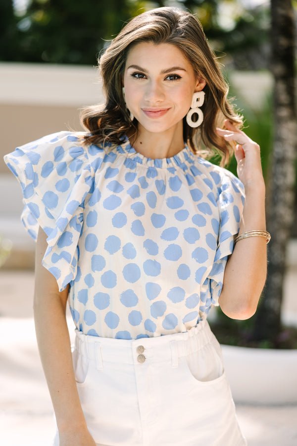 True Self Blue Polka Dot Ruffled Blouse