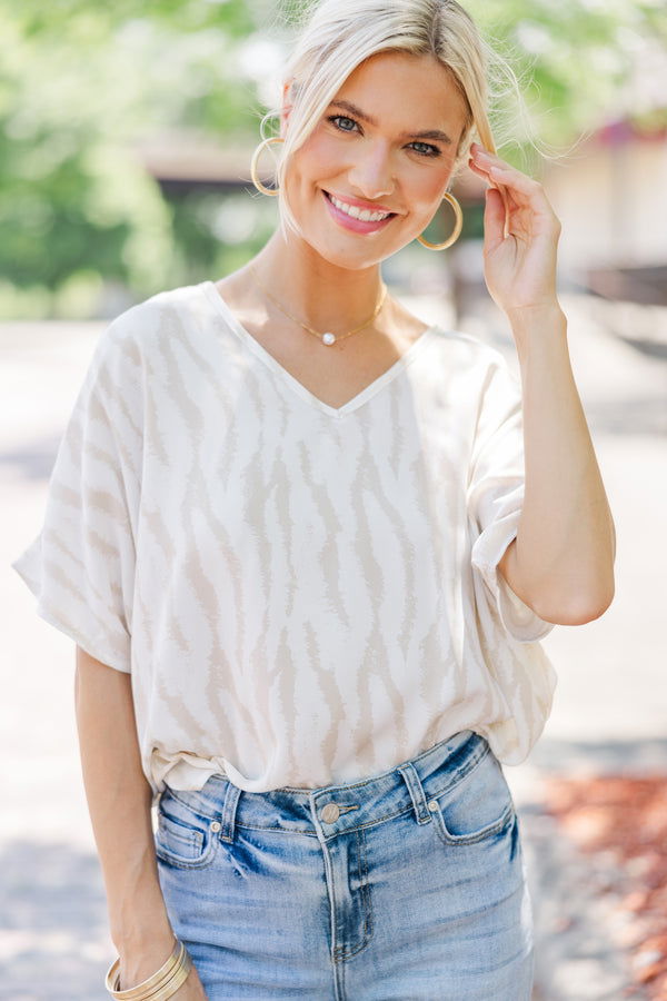 Just Say So Taupe Brown Tiger Stripe Blouse