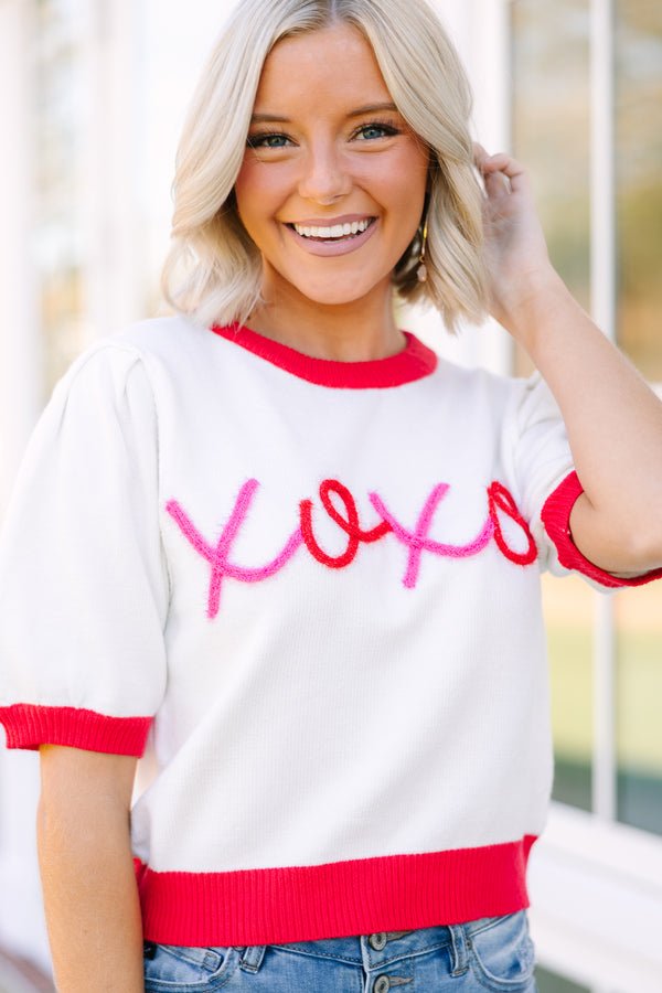 XOXO White Script Crop Sweater