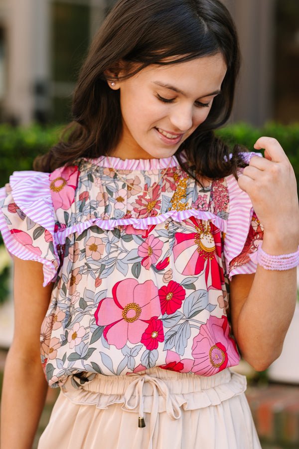 Girls: Full Of Love Pink Printed Blouse