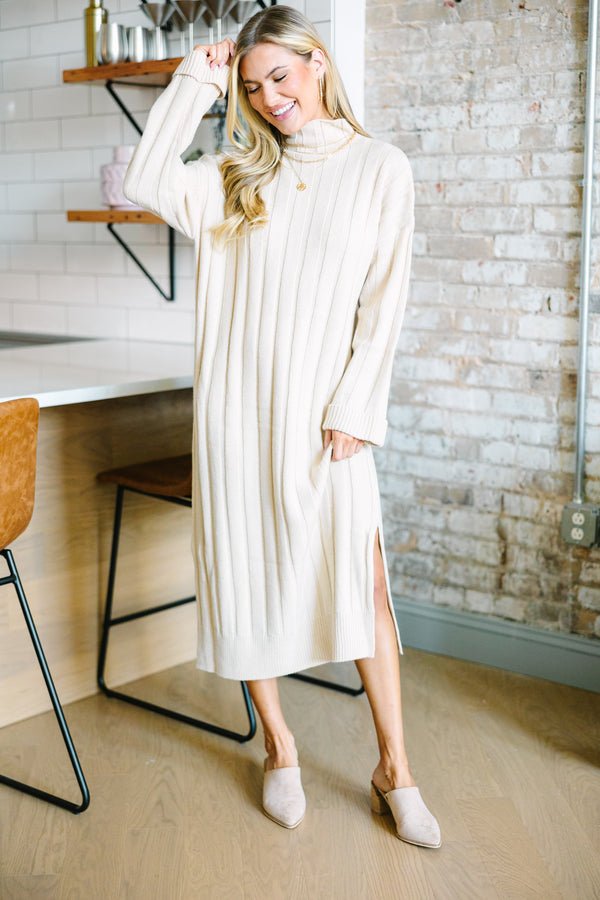 What You Need Oatmeal Brown Midi Sweater Dress