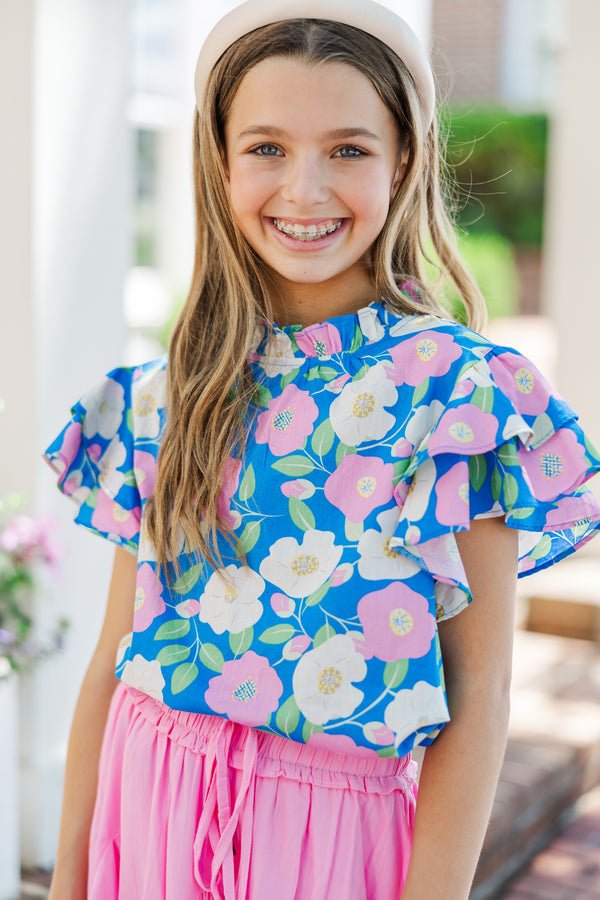 Girls: On My Heart Blue Floral Blouse