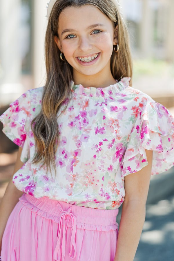 Girls: On My Heart Pink and Green Ditsy Floral Blouse