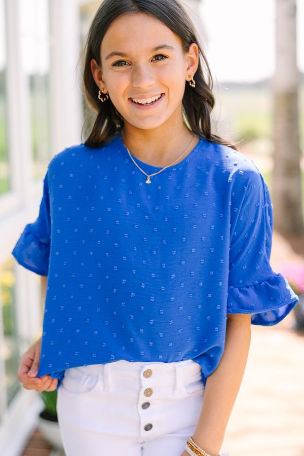 Girls: All I Ask Royal Blue Swiss Dot Ruffled Top