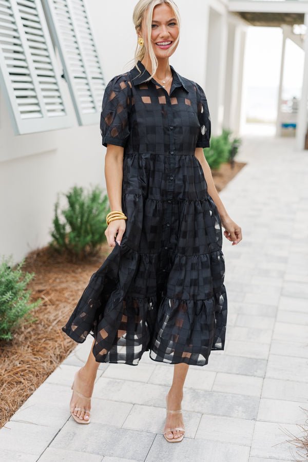 So Worth It Black Organza Button Down Midi Dress