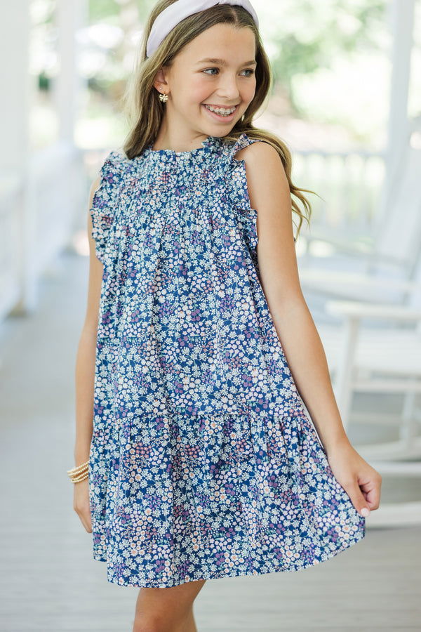 Girls: Longing For Fun Navy Blue Floral Ruffled Dress