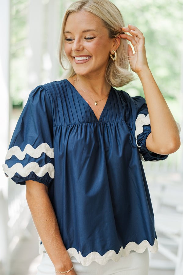 The Wait Is Over Navy Blue Blouse