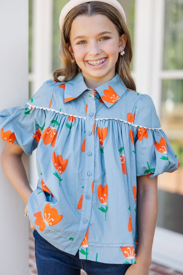 Girls: Know You Better Blue Floral Puff Sleeve Blouse