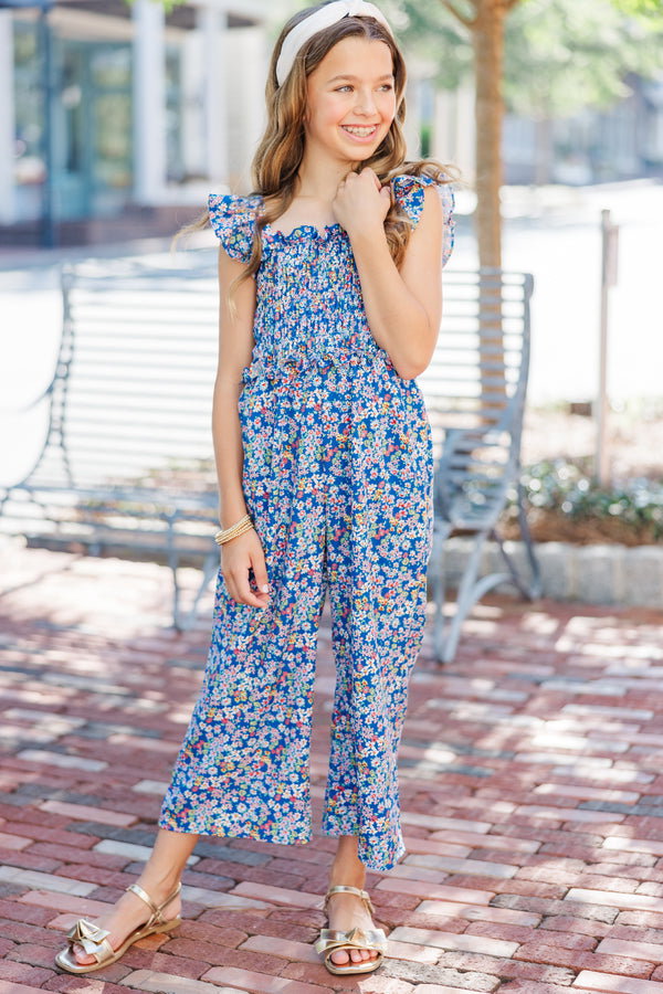 Girls: All For You Blue Ditsy Floral Smocked Jumpsuit