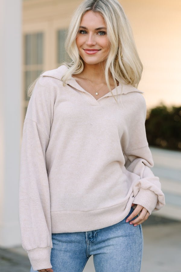 Just Believe Oatmeal Brown Collared Knit Top