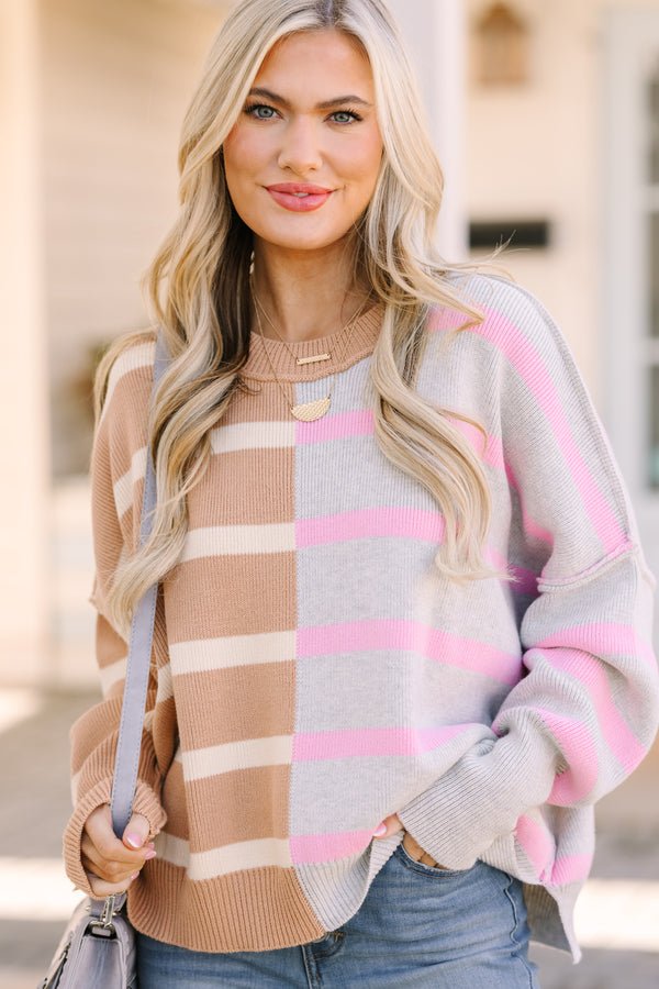 Give You Joy Brown & Gray Striped Dolman Sweater