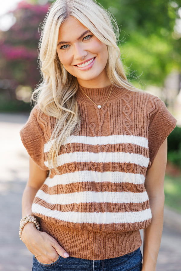 Get It Going Camel Brown Striped Cable Knit Sweater Top